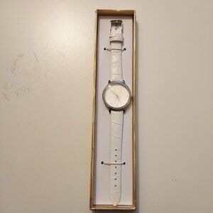 CROTON Womens White Faux Leather Watch With Rhinestone Accented Bezel